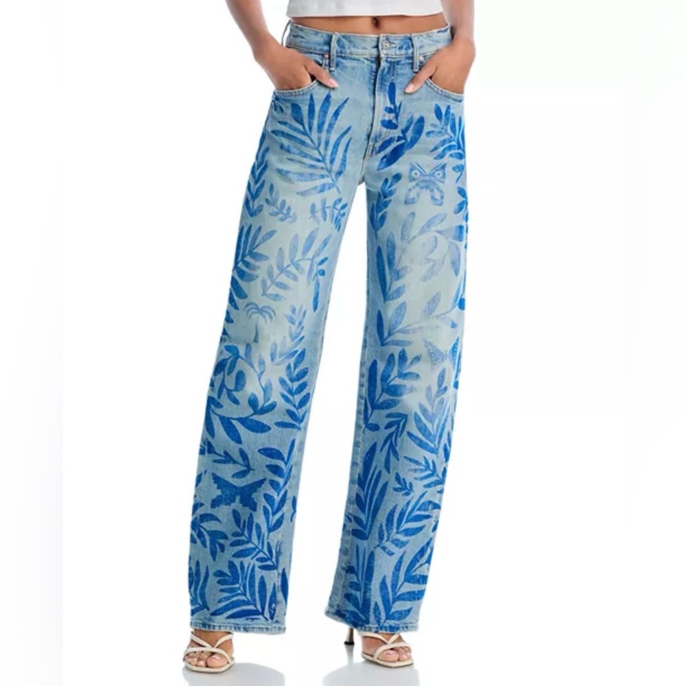 NWT Free People MOTHER The Lasso Sneak Jeans Pressed Leaves Print Wide Leg 28